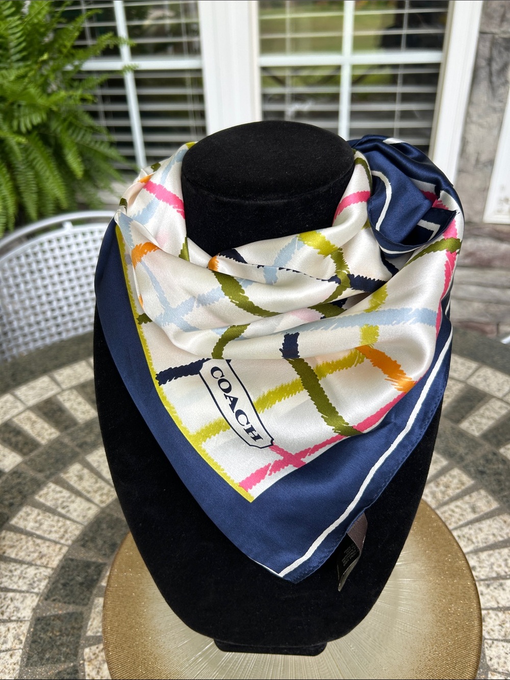 Coach Navy Tattersall Silk Scarf with Pink, Olive & White Plaid Accents - Picture 6 of 6